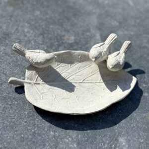 Birds Leaf Shaped Trinket Tray Dish Nordic Farm Decor White Painted Metal